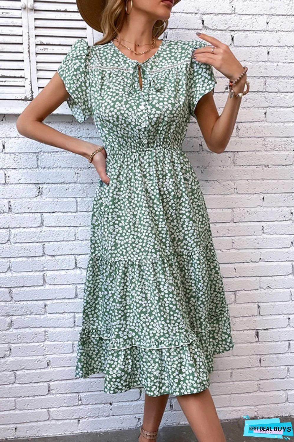 Floral Tie Neck Petal Sleeve Dress