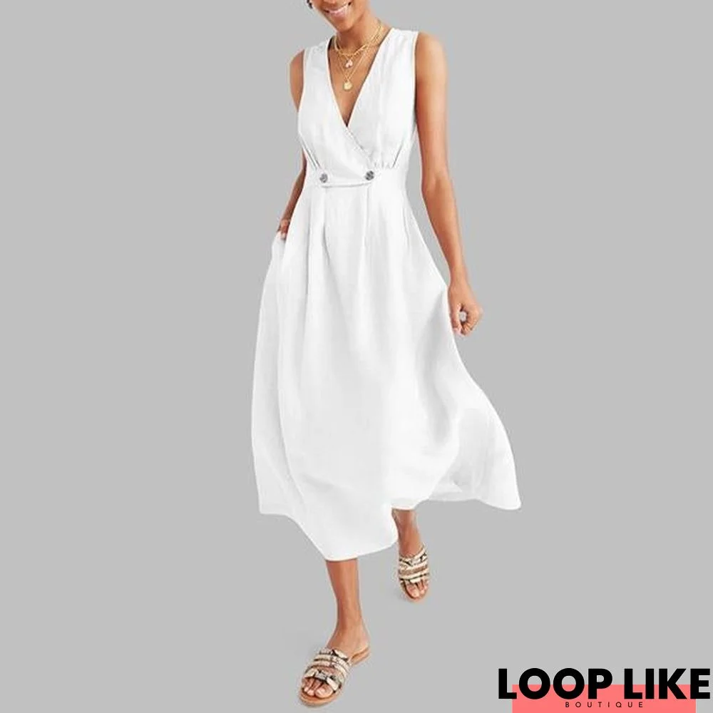 Sexy Elegant V Neck Solid Color Sleeveless Dress White Dresses