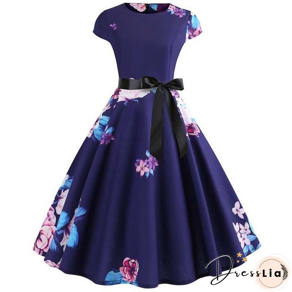 Women Vintage Summer Floral Print Short Sleeve Party Dresses