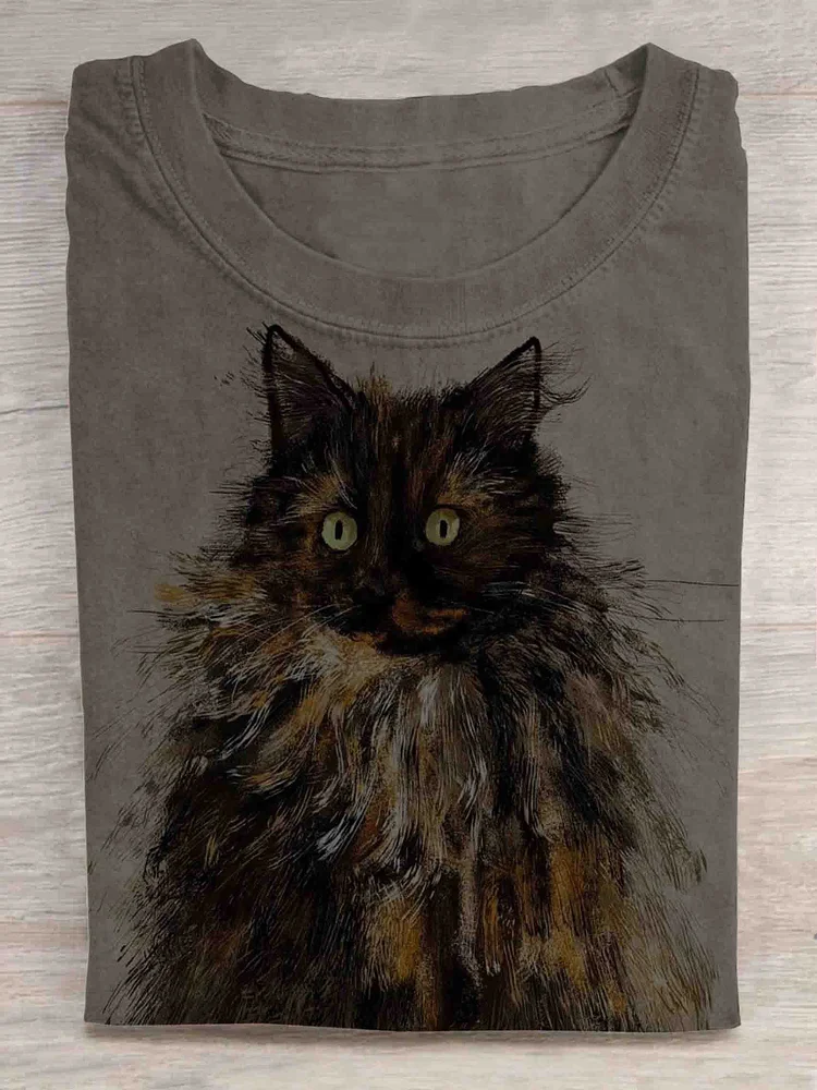 Brown Cat Art Print Casual T-Shirt - Solid socialshop