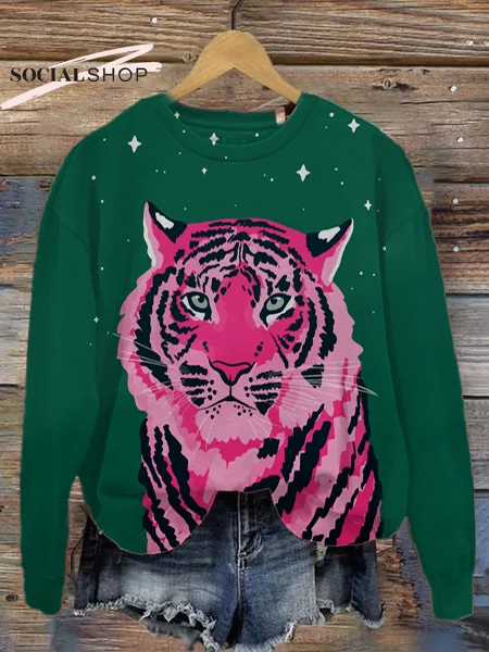 Pink Tiger Art Design Round Neck Long Sleeve Sweatshirt socialshop