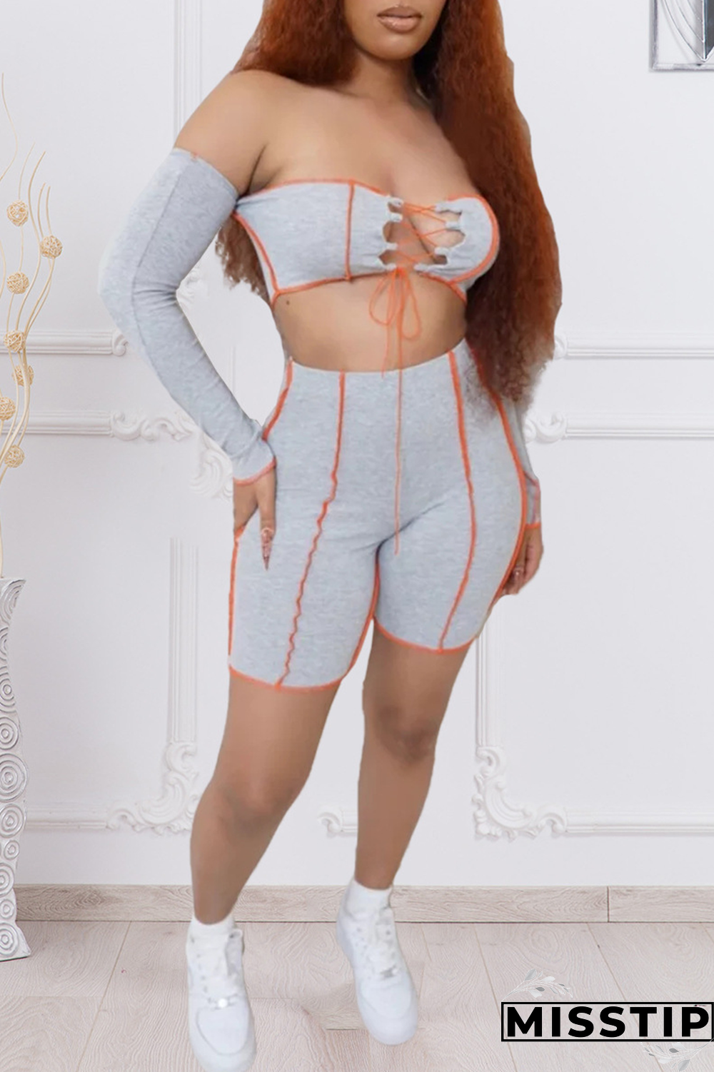 Light Blue Street Solid Bandage Strapless Long Sleeve Two Pieces