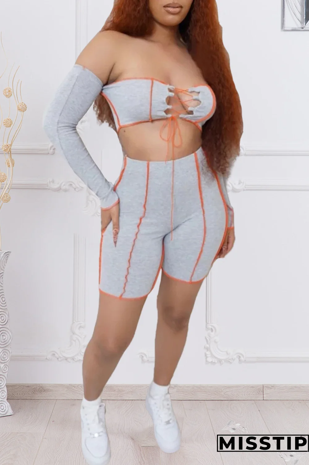 Light Blue Street Solid Bandage Strapless Long Sleeve Two Pieces