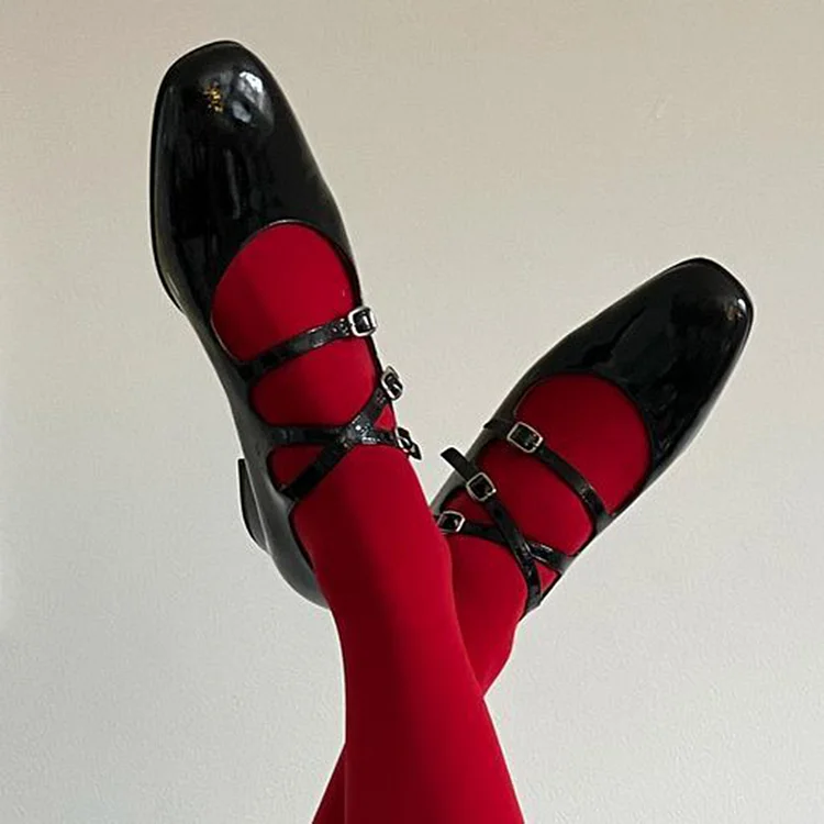 Black Square Toe Patent Shoes Women's Classic Block Heel Vintage Buckle Pumps |FSJ Shoes