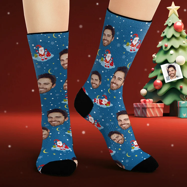 Custom Face Socks Personalized Photo Socks Good Night Santa Claus