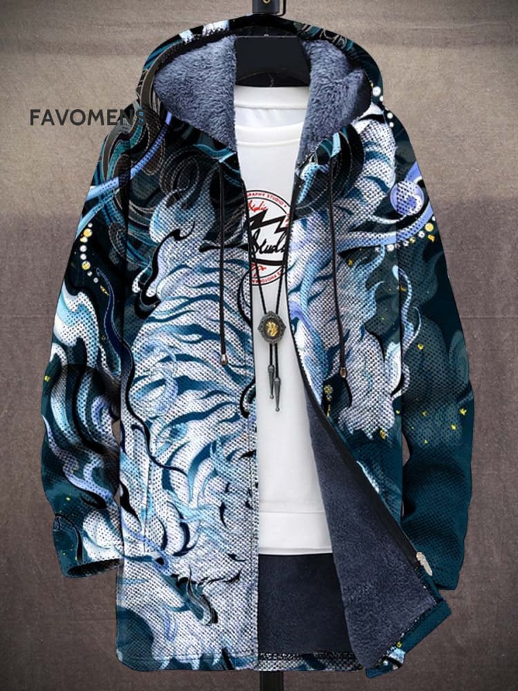 Unisex Universal Plush Thickened Retro Japanese White Tiger Cloud Printed Long Sleeve Cardigan