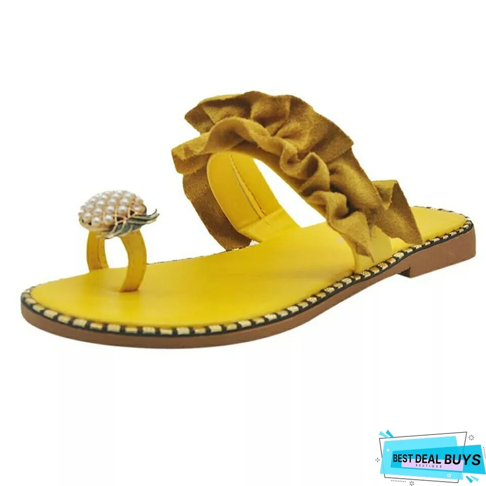 Pineapple Rhinestone Ruffles Flat Heel Slipper Slide Sandals