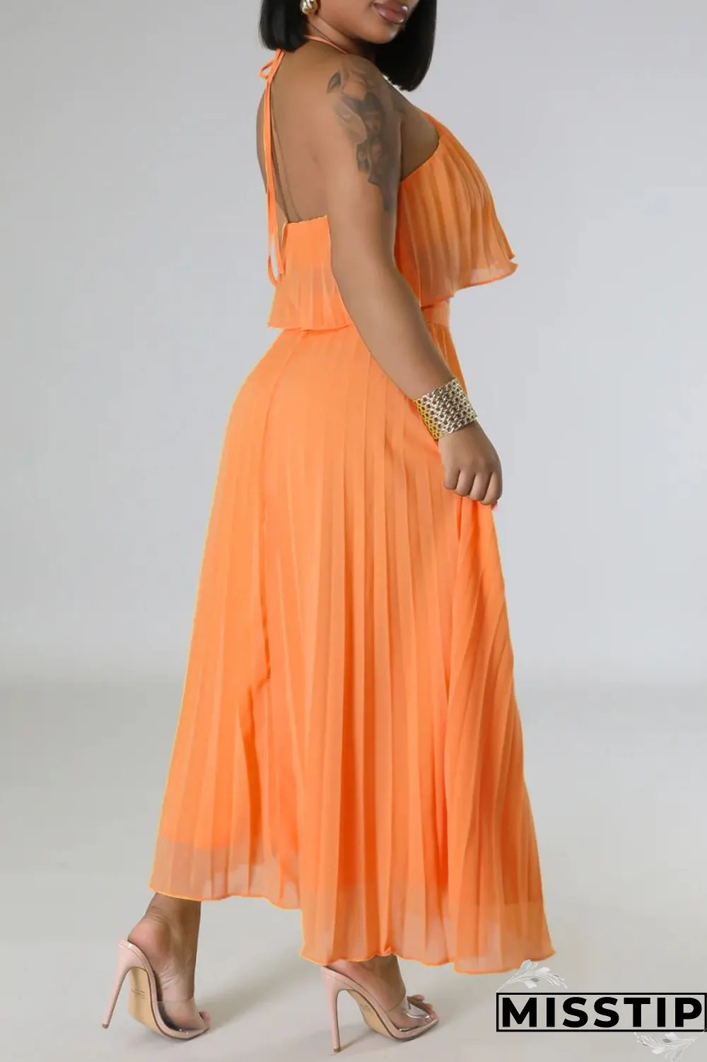 Mint green Casual Solid Bandage Backless Pleated Halter Sleeveless Two Pieces