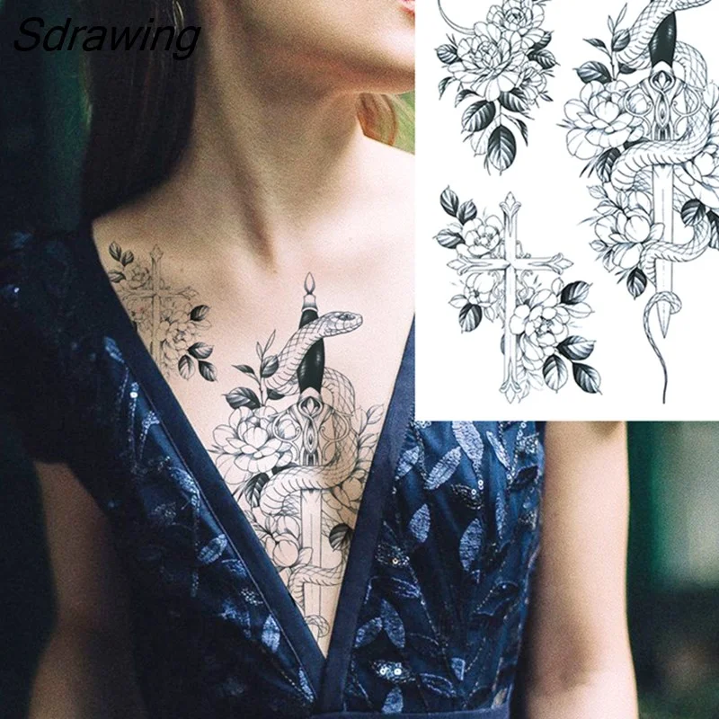 Sdrawing Lion Dahlia Temporary Tattoos For Women Adult Realistic Tiger Wolf Reindeer Snake Bird Fake Tattoo Sticker Washable Tatoos