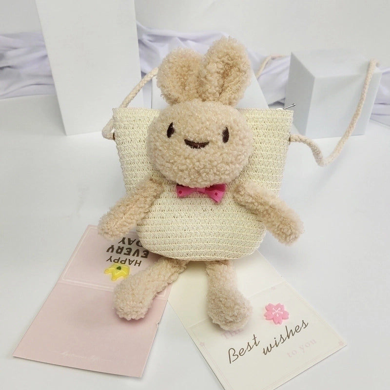 Kid’s Straw Animal Bear Cute Square Zipper Crossbody Bag Straw Bag Coin Purse