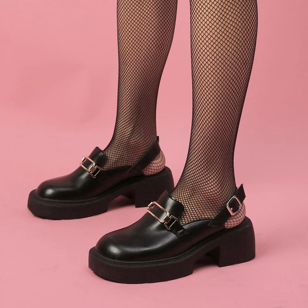 Black  Platform Lug Sole Loafers Chunky Round Toe Slingback Loafers Nicepairs