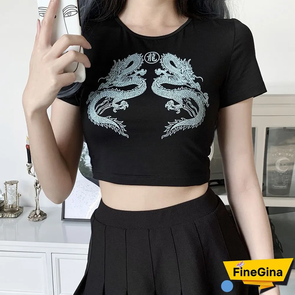 Harajuku Sexy Dragon T-Shirts Women Cropped Tops Streetwear Gothic Bodycon Short Tee