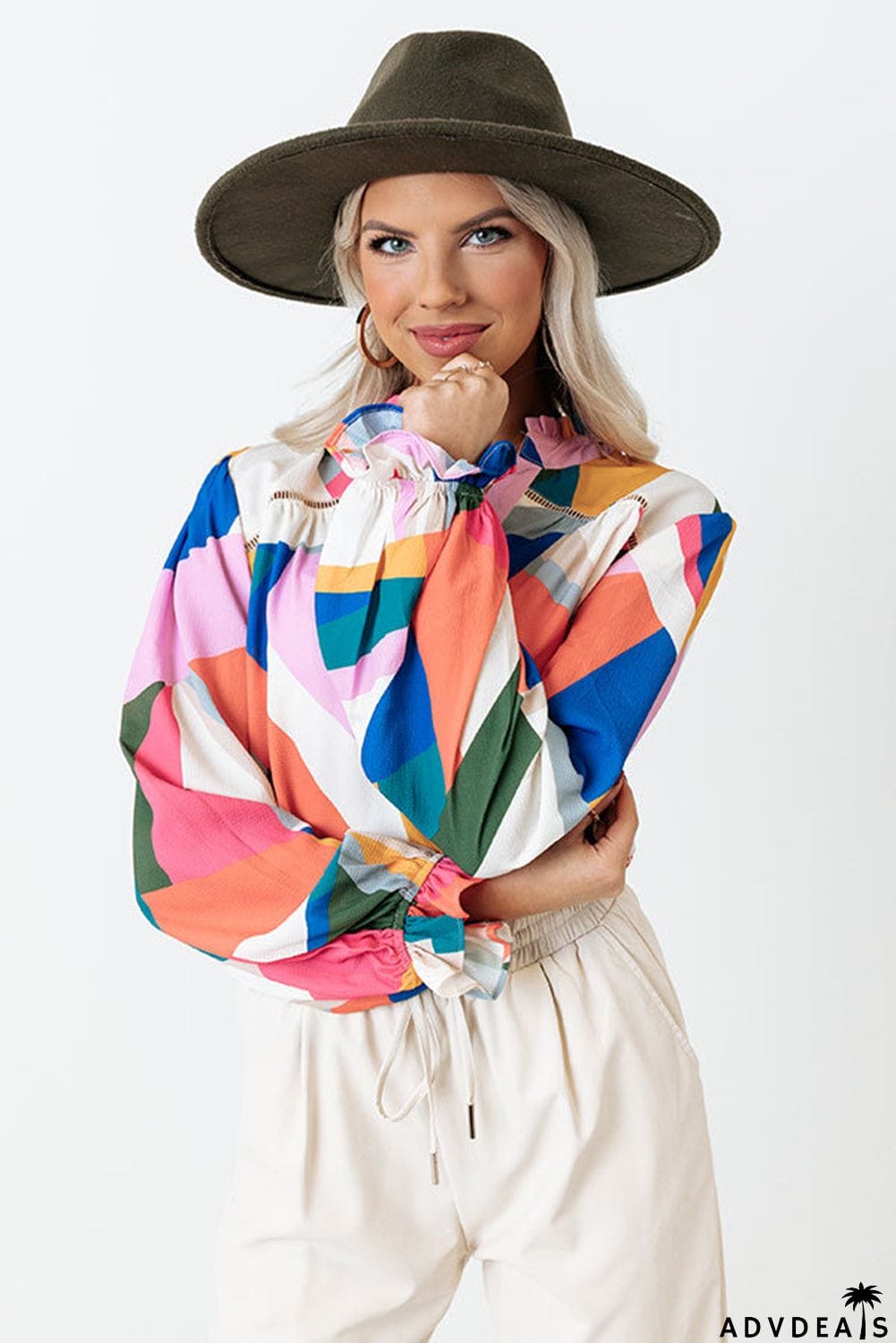 Geometric Patchwork Print Half Buttoned Blouse