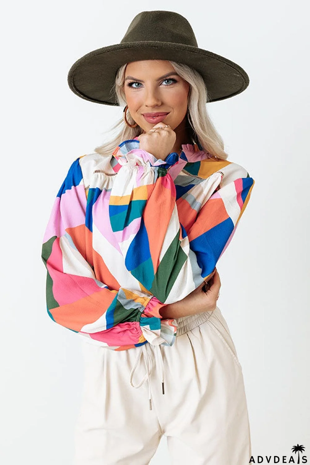 Geometric Patchwork Print Half Buttoned Blouse