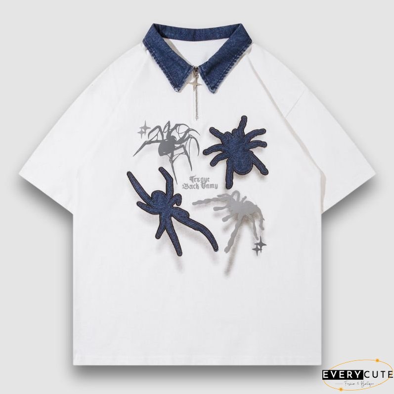 Spider Denim Patch Embroidered Lapel Tee