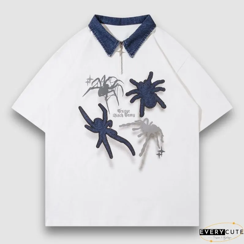 Spider Denim Patch Embroidered Lapel Tee