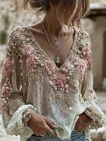 Women's Pink Rose Embroidery Art V Neck Long Sleeve Linen Blend T-shirt