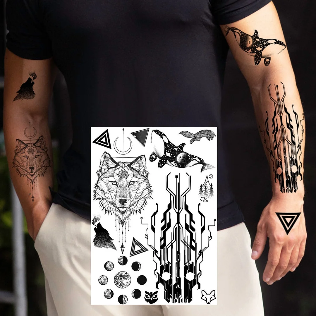 Realistic Fake Black Animal Temporary Tattoos Sticker For Men Women Geometric Wolf Outer Space Tatoo Temporary Decal For Kids