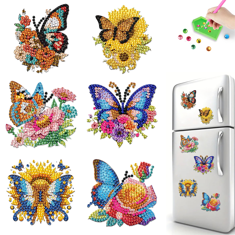 6Pcs Acrylic Flower Butterfly Diamond Art Refrigerator Magnets Sticker for Adult