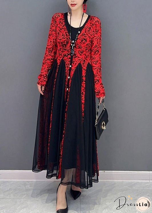 French Red O-Neck Print Tulle Maxi Dresses Spring