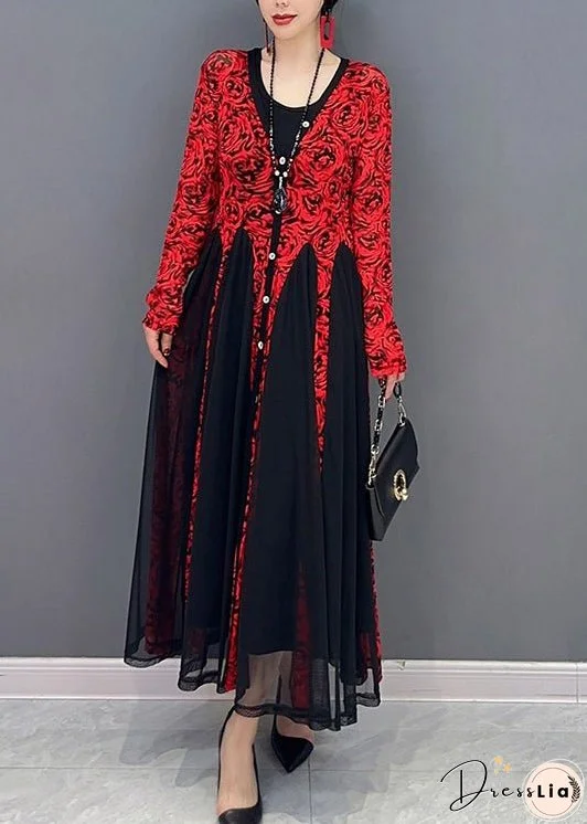 French Red O-Neck Print Tulle Maxi Dresses Spring