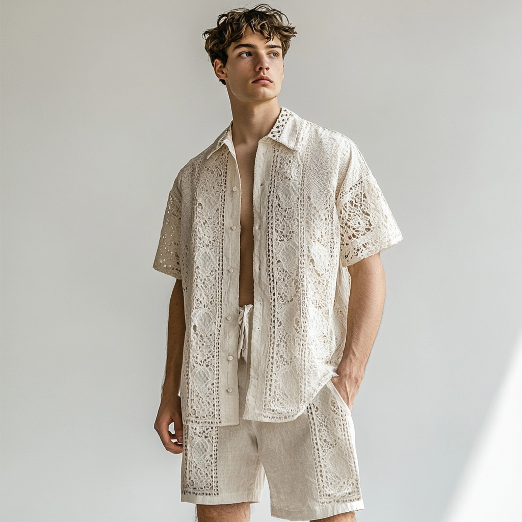 Men's Lace Embroidery Art Fashion Shirt And Shorts Co-ord Set