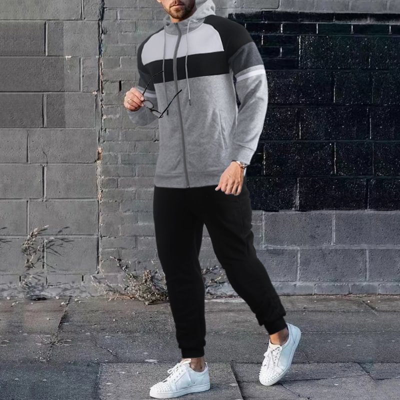 Men's Colorblock Sports Hoodie Two Piece Set