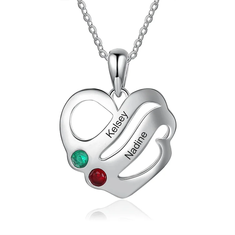 Collier coeur 2 Prénoms Personnalisés avec 2 Pierre de Naissance