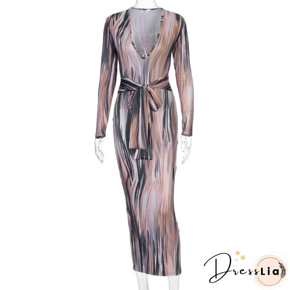 Dulzura Tie Dye Print Women Midi Dress Long Sleeve Bodycon Sexy Bandage Bodycon Sexy Autumn Winter Clothes Party Dinner