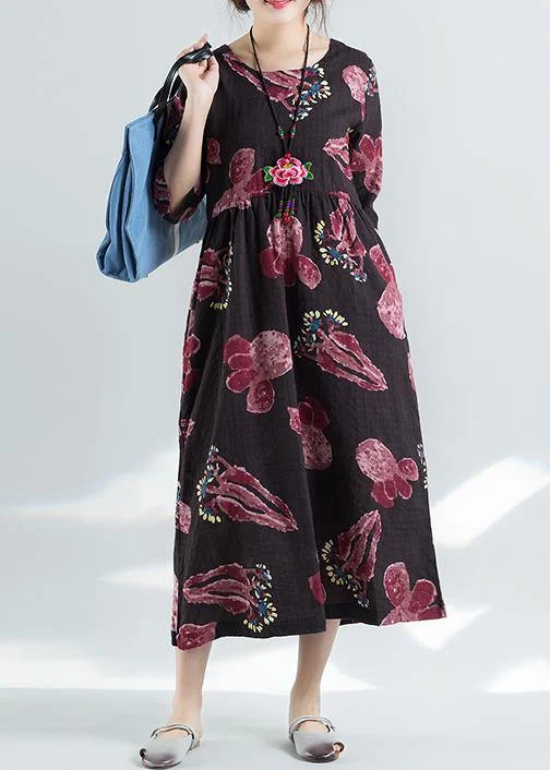 DIY o neck cotton linen Robes Neckline burgundy prints Maxi Dress summer
