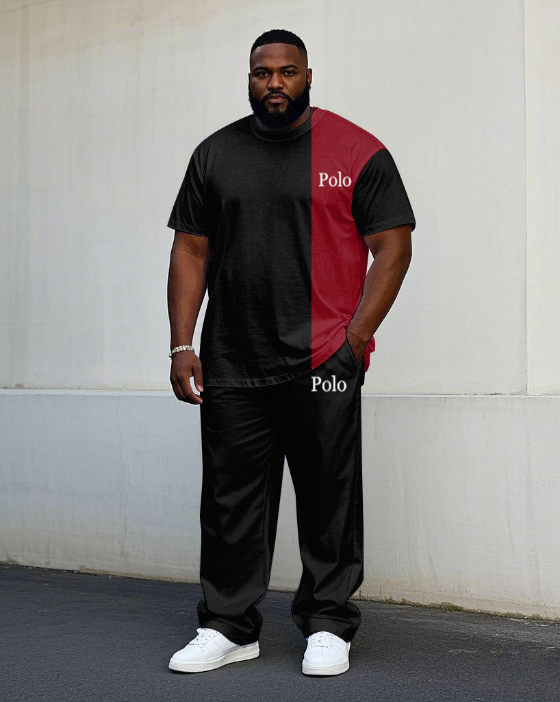 Men's Plus Size Black & Red Colorblock Printed Chest Short-sleeved T-shirt Trousers Suit