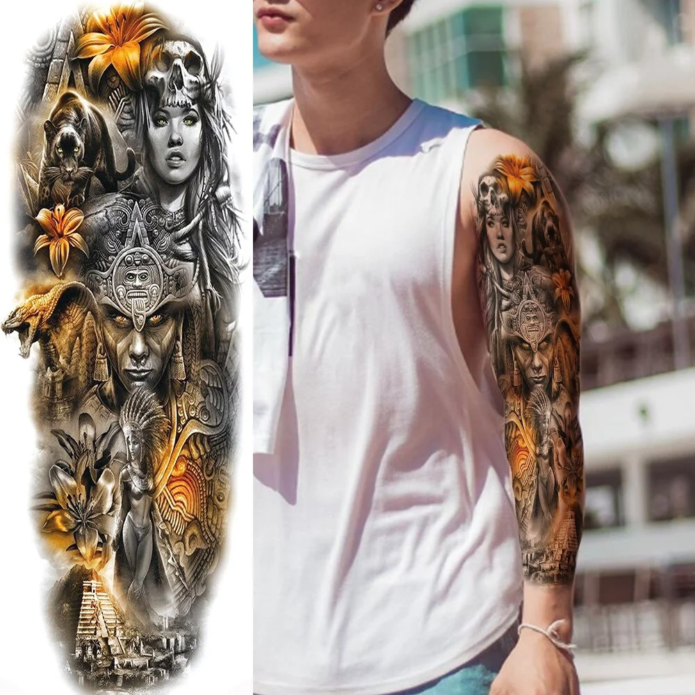 Sdrawing Totem Tattoo Arm Sleeve For Men Women Adult Realistic Fake Skeleton King Temporary Tattoo Evil Eye Demon Death Skull Tatoo