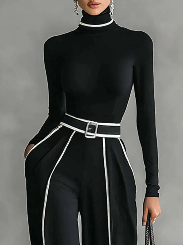 Casual Color-Block Turtleneck Two Piece Set