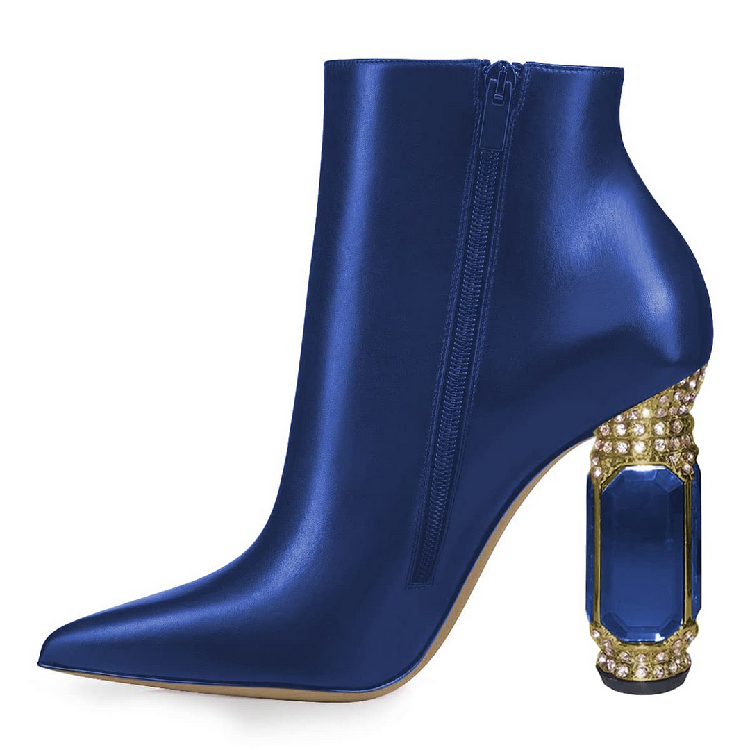 Blue Pointed Toe Zipper Ankle Boots Decorative Heel Booties for Women Nicepairs