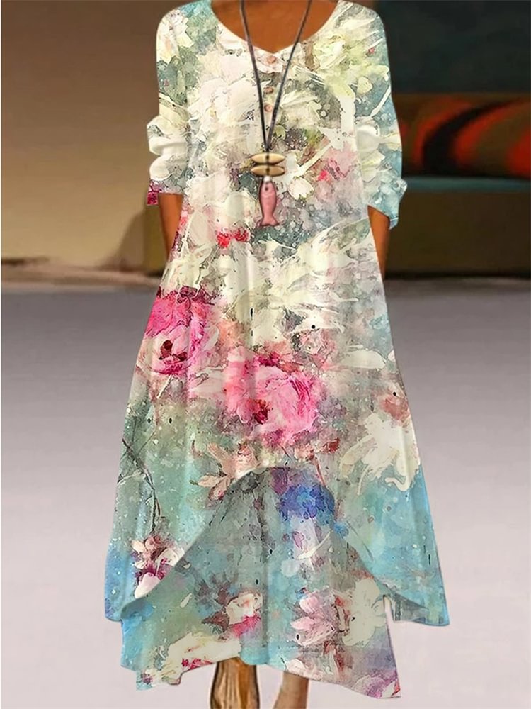Artwishers Floral Oil Painting Double Layer Maxi Dress