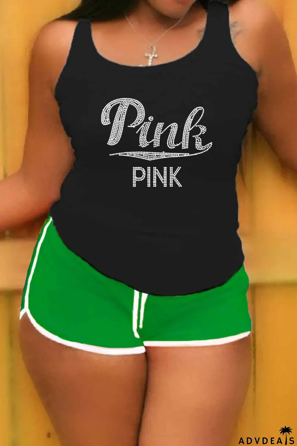 Khaki Casual Letter Hot Drill U Neck Plus Size Two Pieces