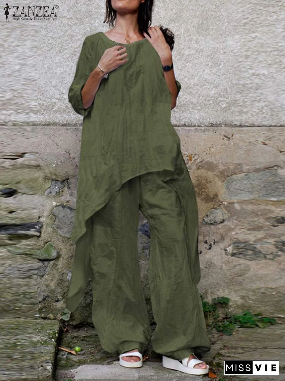 Two Piece Sets Women Tracksuit Zanzea Fashion Summer Matching Sets 2Pcs Casual 3/4 Sleeve Irregular Blouse Suits Urban Outifits7