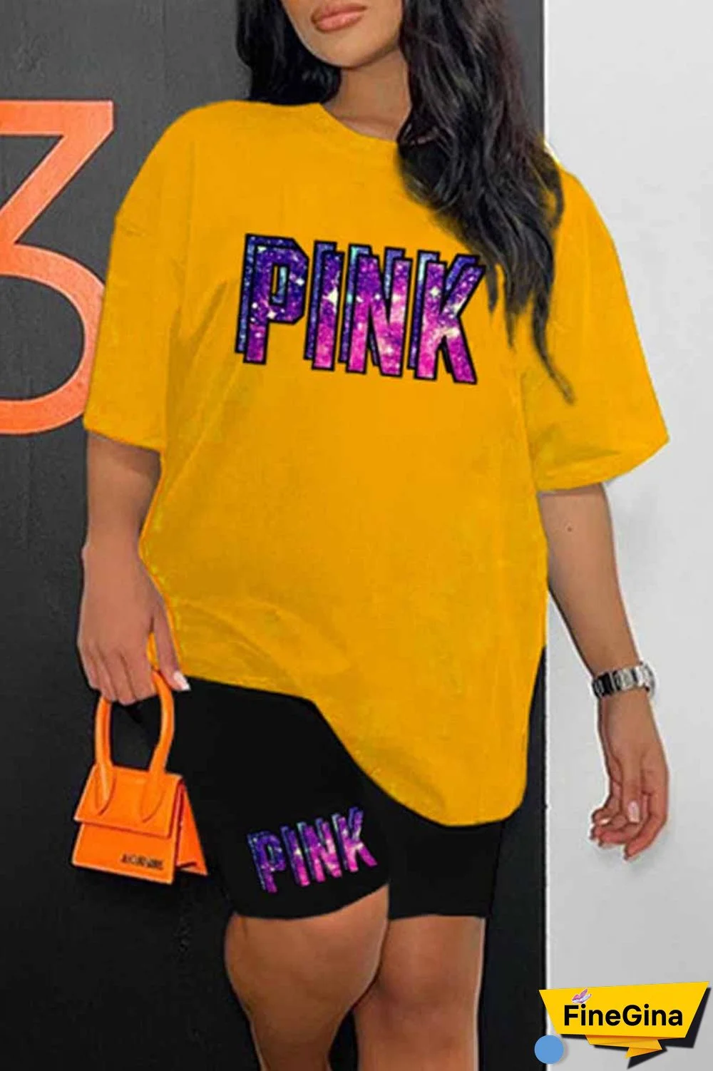 Blue Casual Print Letter O Neck Short Sleeve Two Pieces