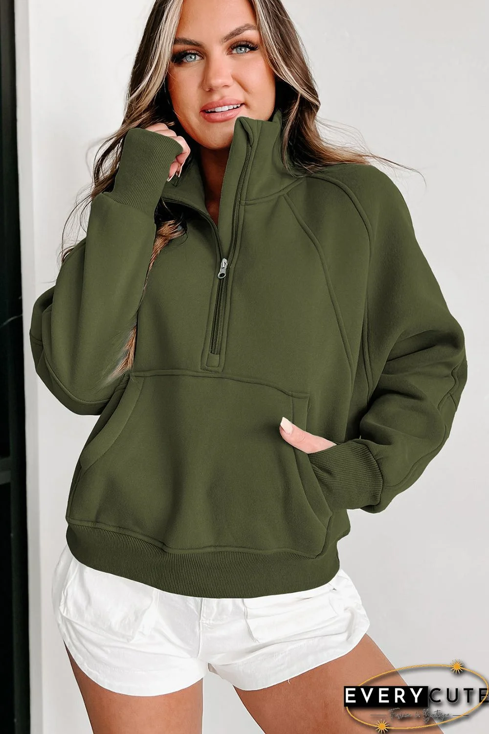 Green Zip Up Stand Collar Ribbed Thumbhole Sleeve Sweatshirt