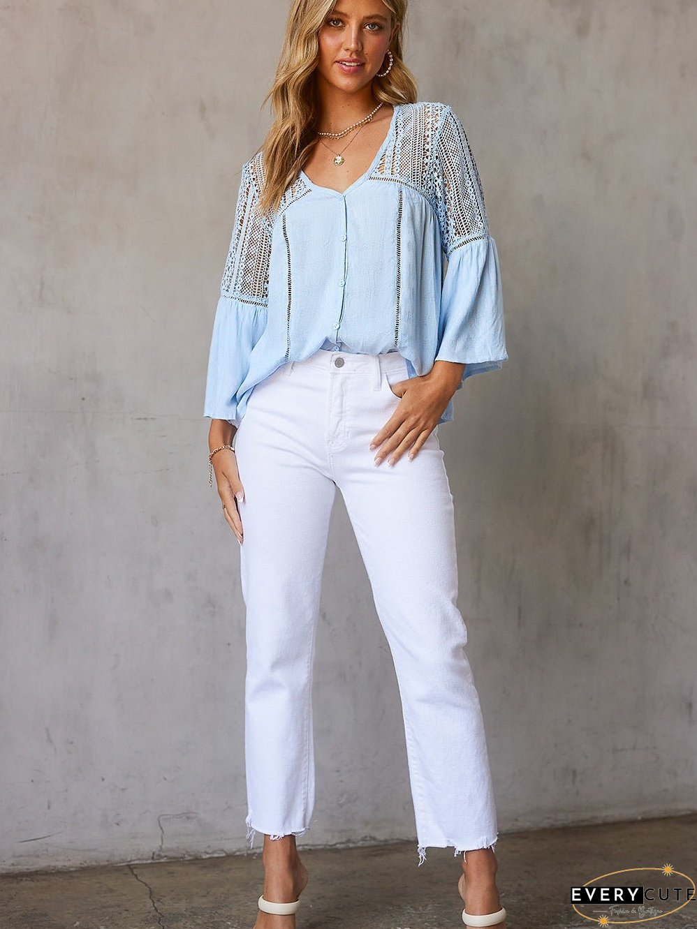 Casual Crochet-Detail Button-Up