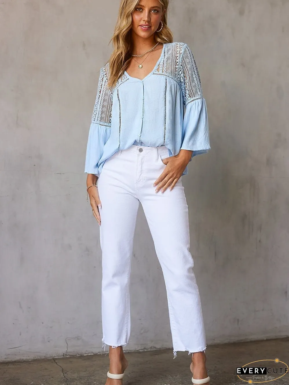 Casual Crochet-Detail Button-Up