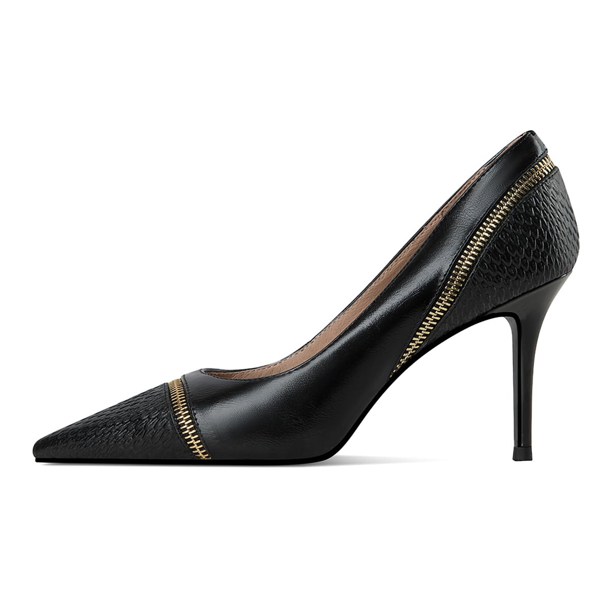 Black Pointed Toe Zipper Decorative Commuting Pumps Heels Nicepairs