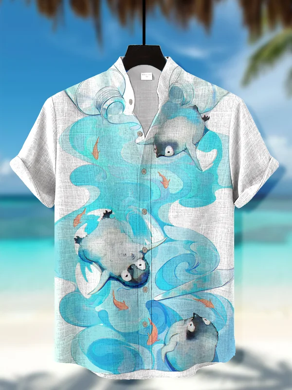 Men's Penguins Playing In The Water Watercolor Print Short Sleeve Shirt