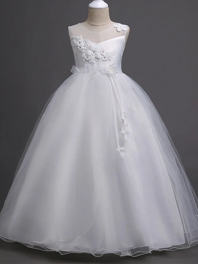 Hellodresses Princess Long Length Wedding Flower Girl Dress First Communion Satin Tulle Sleeveless Jewel Neck With Belt Appliques