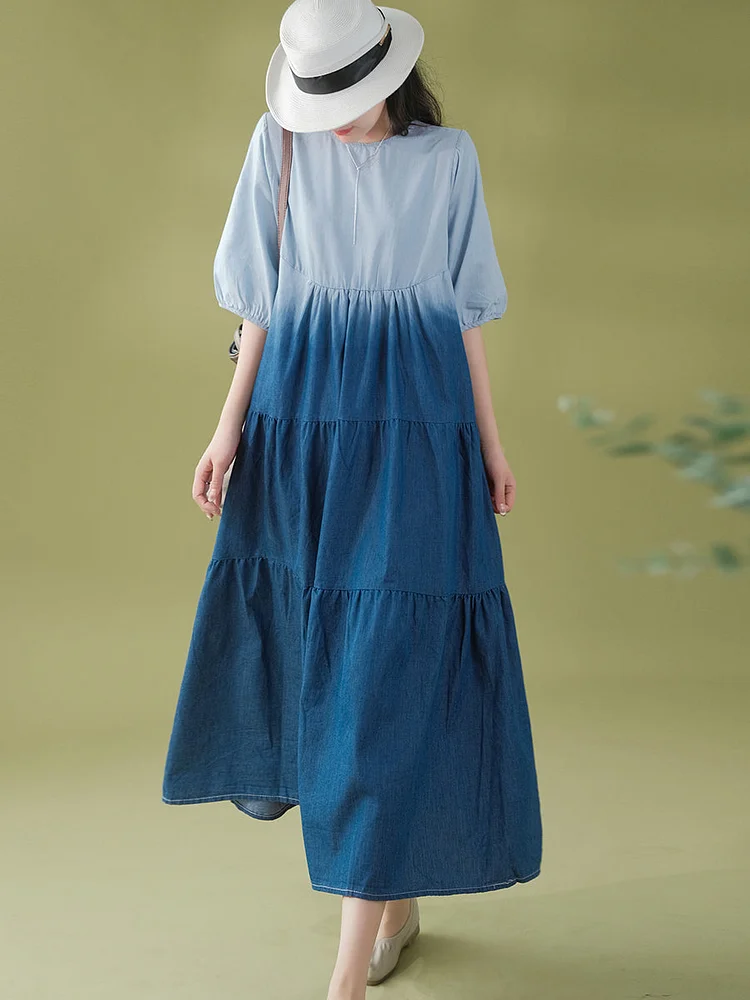 Women Summer Casual Gradient Spliced Loose Denim Dress