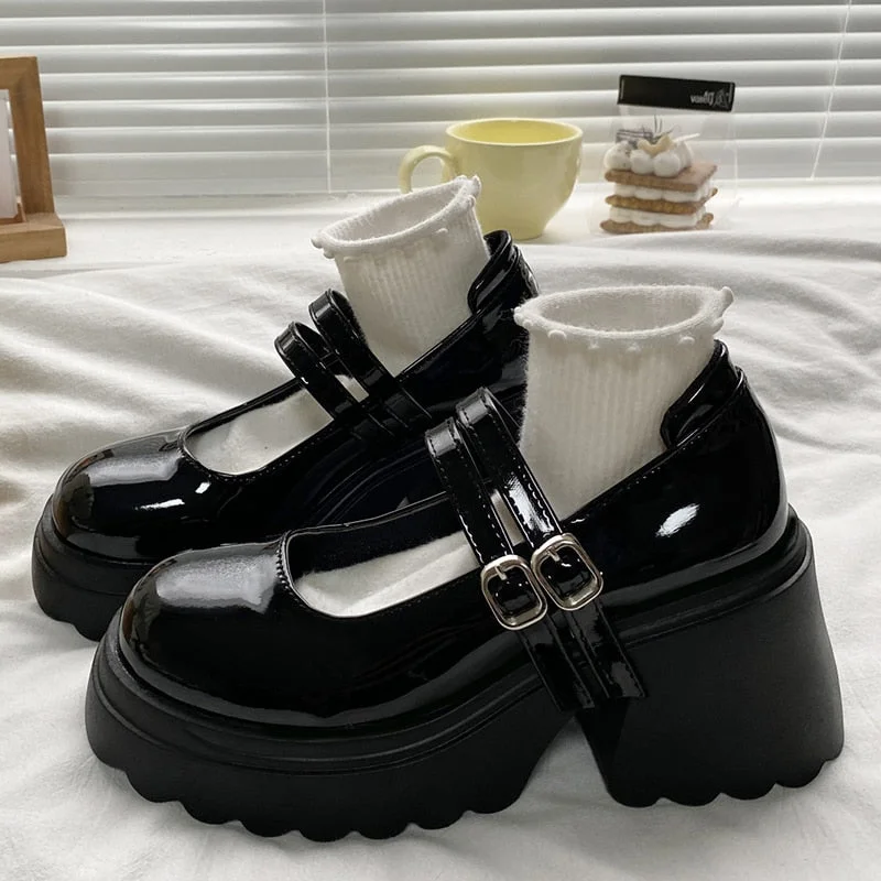 Vstacam White Double Buckle Platform Pumps Women 2023 Autumn Chunky Heeled Mary Janes Shoes Woman Patent Leather High Heels Party Shoes