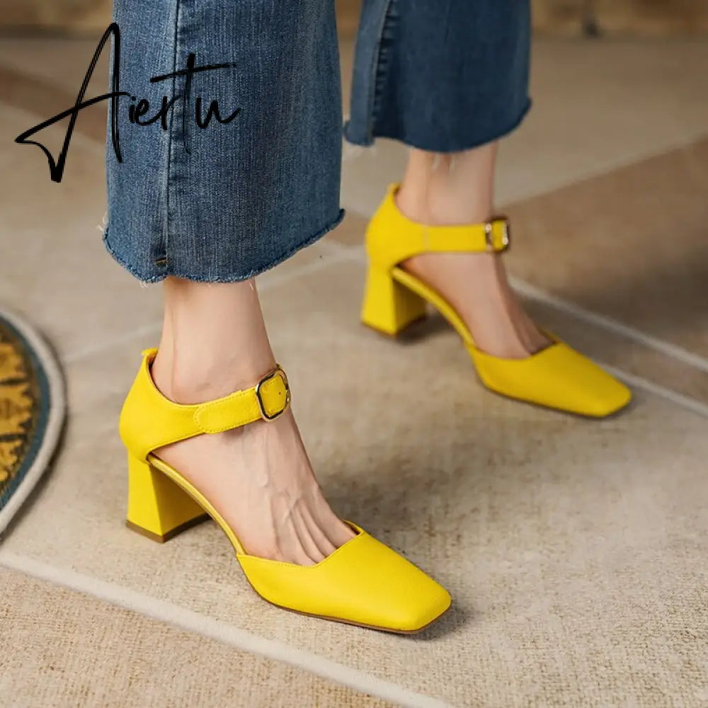 Summer New Women Shoes Square Toe High Heels Cover Heel Shoes Women Genuine Leather Women Sandals Concise Retro Mary Janes Aiertu