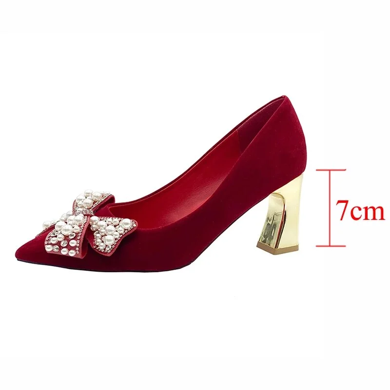 Zhungei Elegant Ladies Red Silk Wedding Bride Shoes Pearl Bowknot Pointed Toe Pumps Women Sexy Party Dress High Heels Shoes Woman