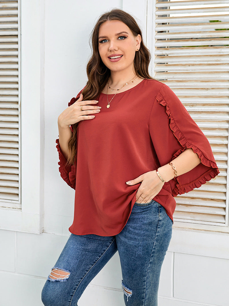 Plus Size Women Blouse Red Half-Sleeved Loose Top