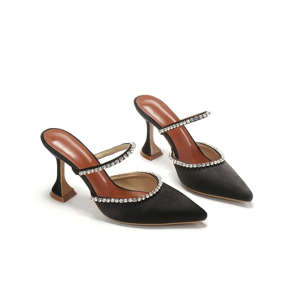 2021 Summer New Pointed Toe Rhinestone Sequined Stiletto Slippers Leopard Print Baotou Half Drag Sandals